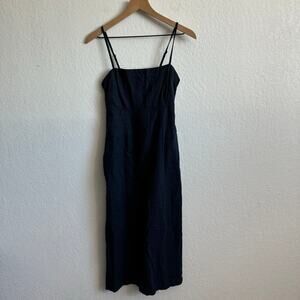 Abercrombie & Fitch Square Neck Sleeveless Linen Blend Midi Dress Navy Blue ST